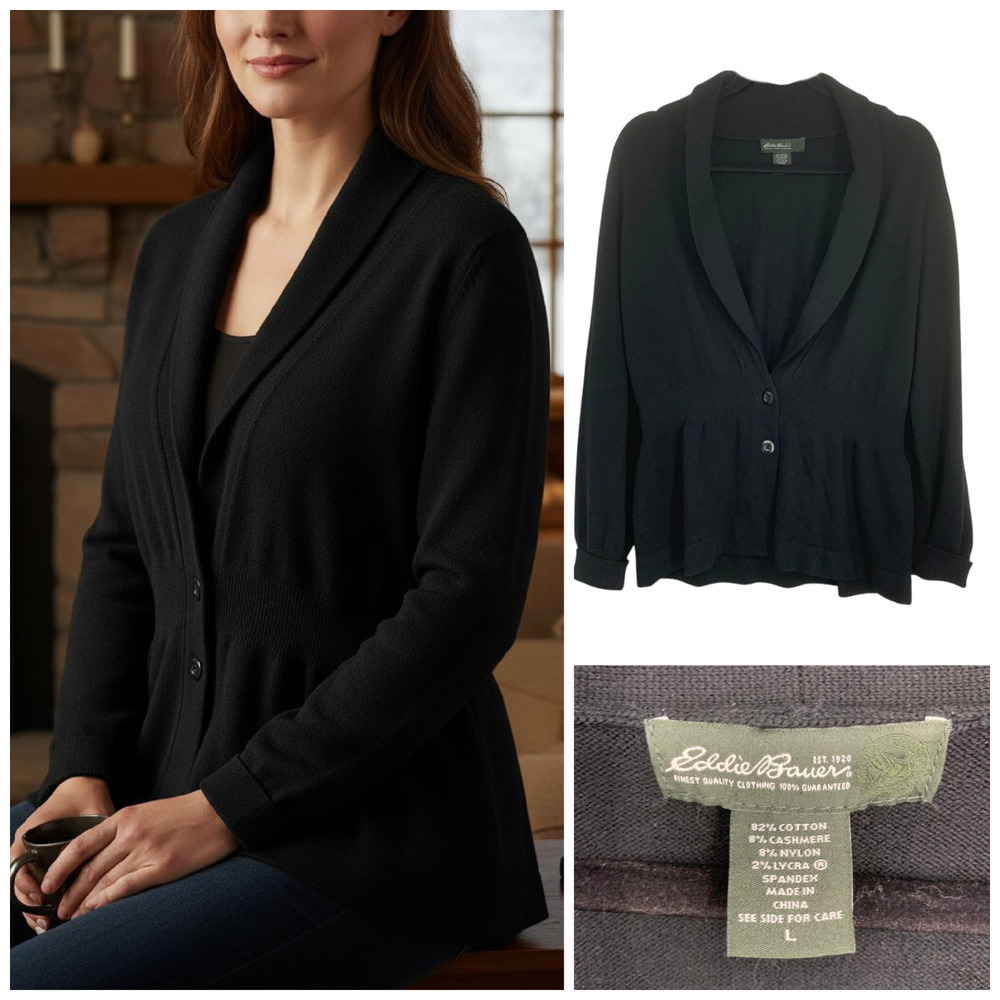 Eddie Bauer Sz L Black Cotton Cashmere Fitted Cardigan Sweater Quiet Luxury